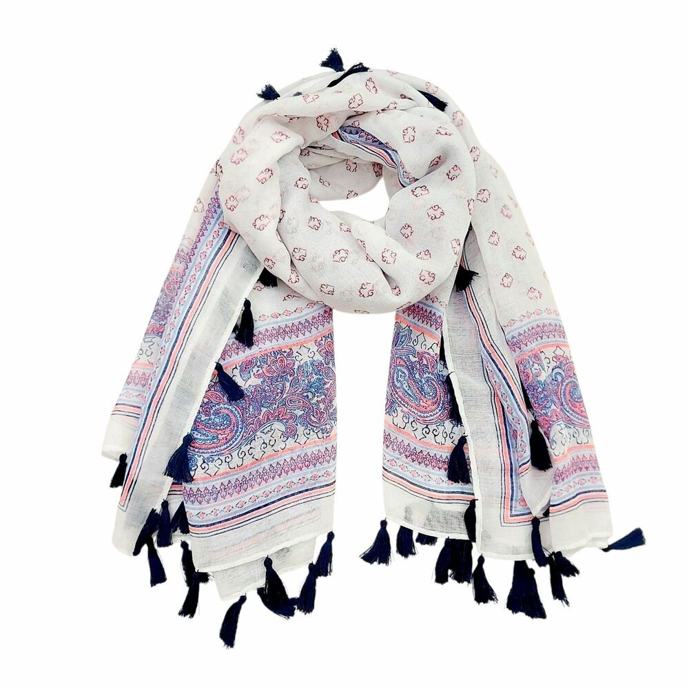 Marine Layer Sheer Scarf  Wrap Blue Pink Paisley Tassel White Lightweight Boho